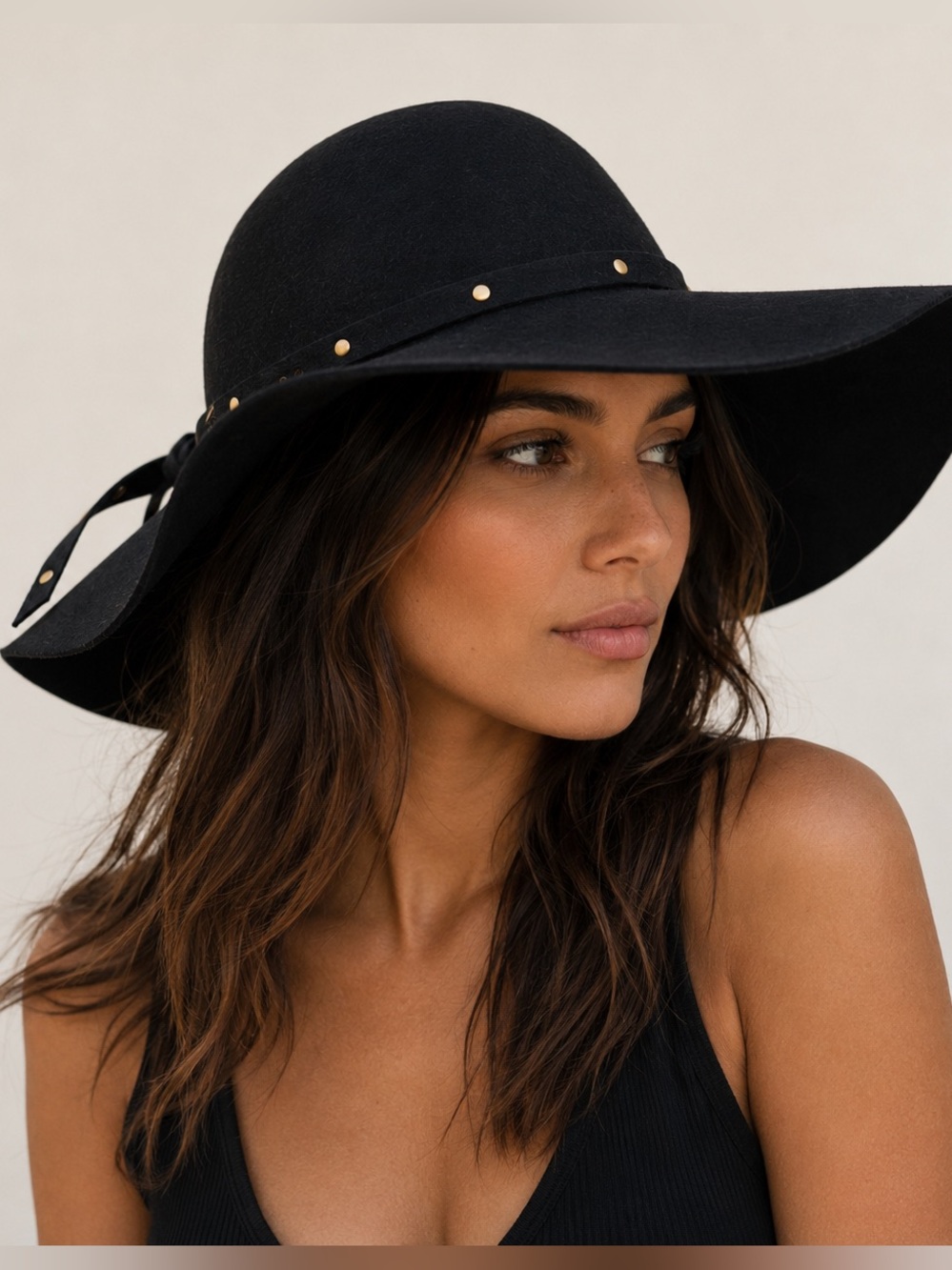 D&Y Black Wool Wide Brim Studded Band Floppy Hat